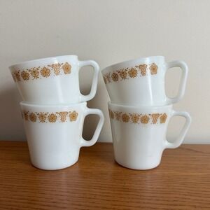 Pyrex Butterfly Gold Milk Glass Mugs‎ Set of 4 Vintage 10oz
